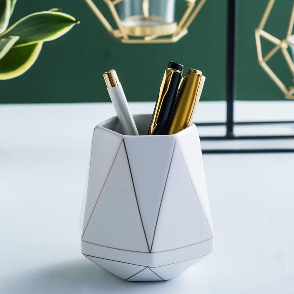 Geometric White Ceramic Pen Cup - view 2