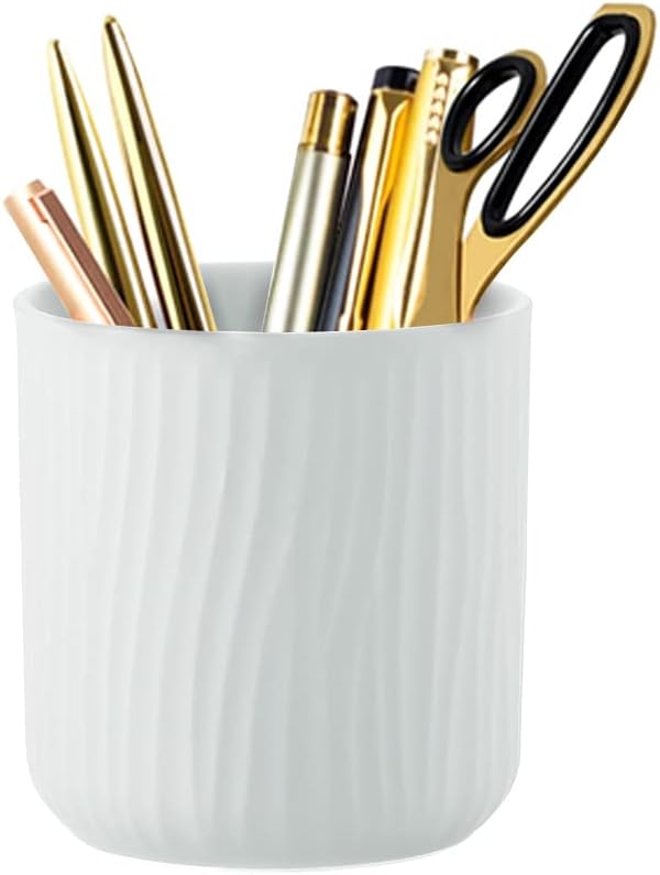 White Ribbed Ceramic Pen Cup - view 1